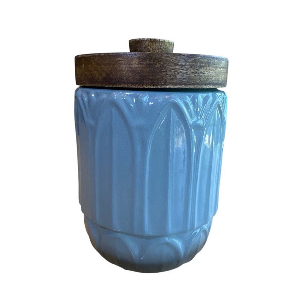 Pier One Turquoise Blue Ceramic‎ Lidded Canister Jar Art Deco Vintage Kitchen